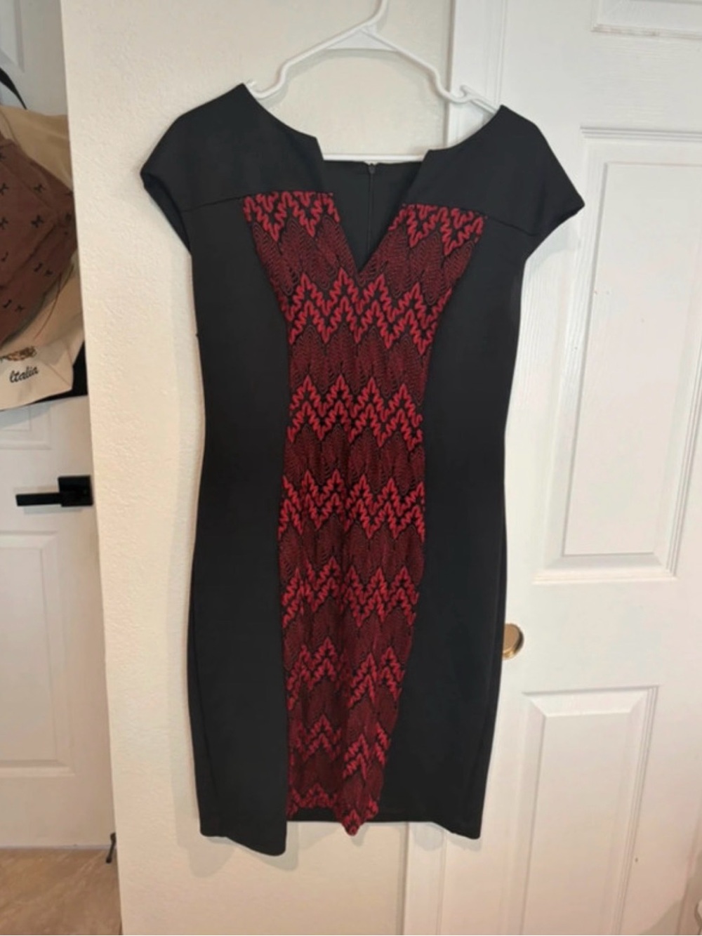 connected apparel Black Sheath Dress with Red Chevron Lace Panel